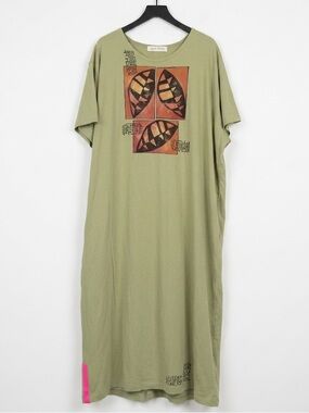 BLUE FISH 1997 Vintage Hand Printed Organic Cotton Maxi Dress in Sage Sz 2 Rare